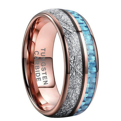 8mm Blue Carbon Fibre & Rose Gold Tungsten Unisex Ring
