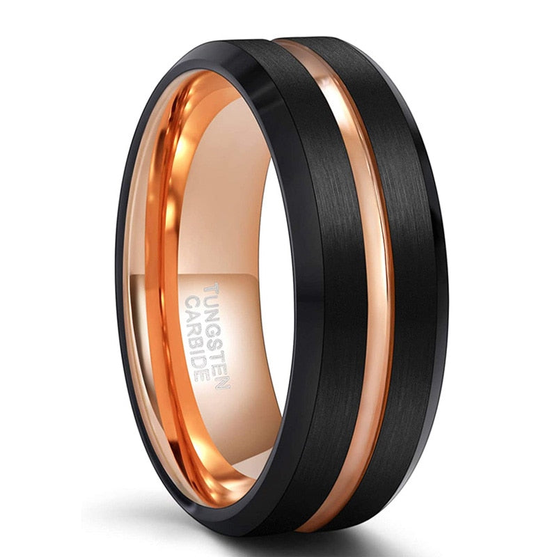 8mm or 6mm Luxury Black & Rose Gold Line Tungsten Mens Ring