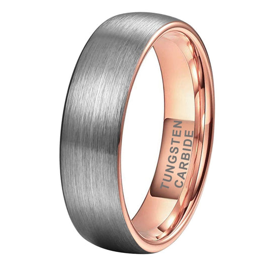 6mm Centre Brushed Dome Rose Gold & Silver Tungsten Unisex Ring