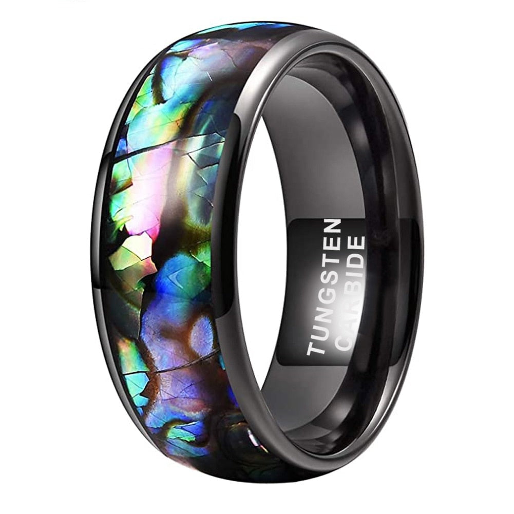 8mm Domed Abalone Shell Inlay & Polished Black Tungsten Unisex Rings