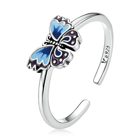 Vintage Retro Blue Butterfly 925 Sterling Silver Adjustable Women's Ring