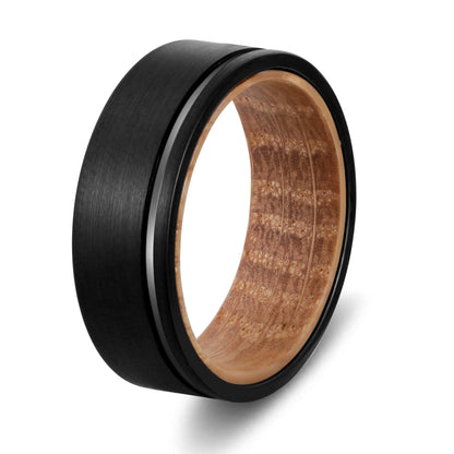 8mm Whiskey Barrel Wood With Off-Centre Groove & Black Brushed Tungsten Men's Ring