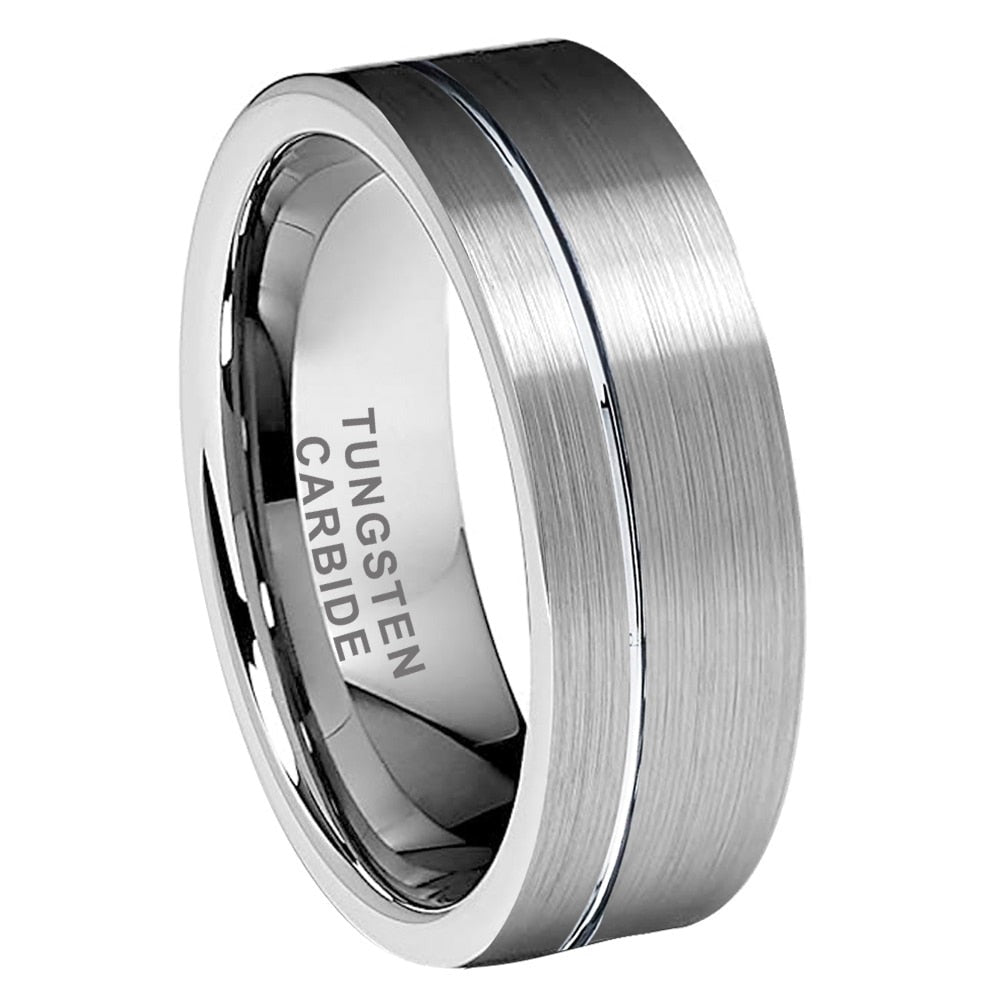 8mm Off- Centre Groove Silver Tungsten Men's Ring