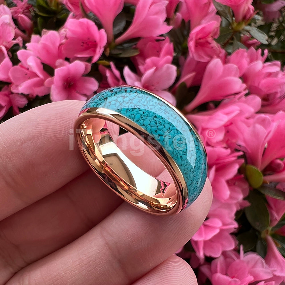 4mm, 6mm, 8mm Turquoise Inlay Gold Color Unisex Rings