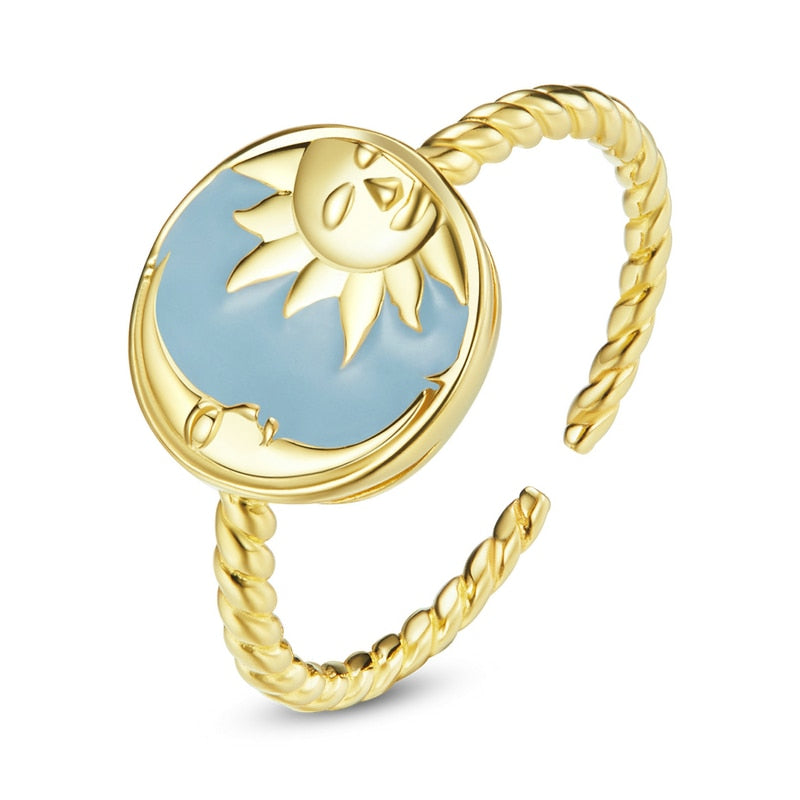 Sun & Moon Gold Color 925 Sterling Silver Adjustable Women's Ring