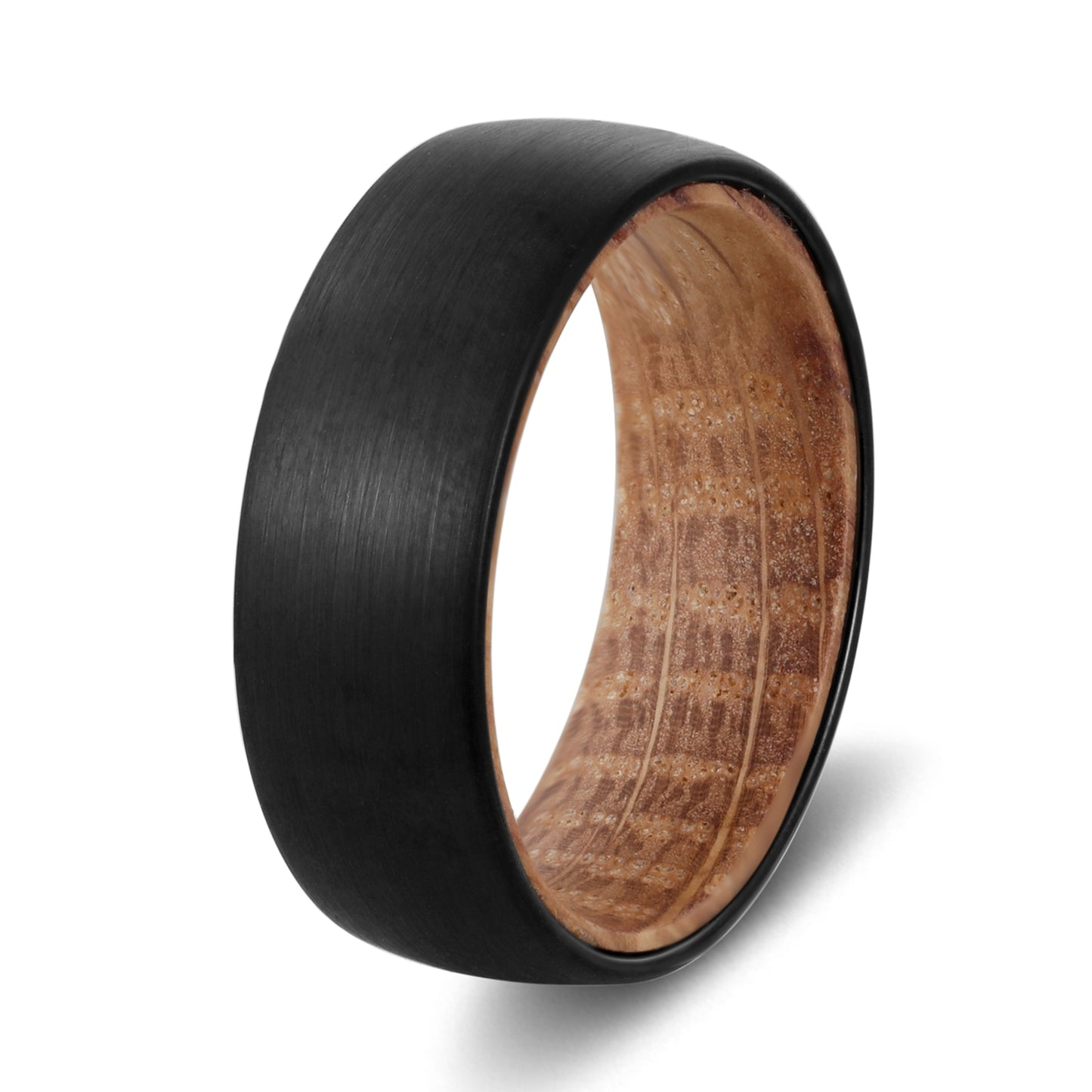 8mm Whiskey Barrel Wood & Black Domed Brushed Tungsten Men's Ring