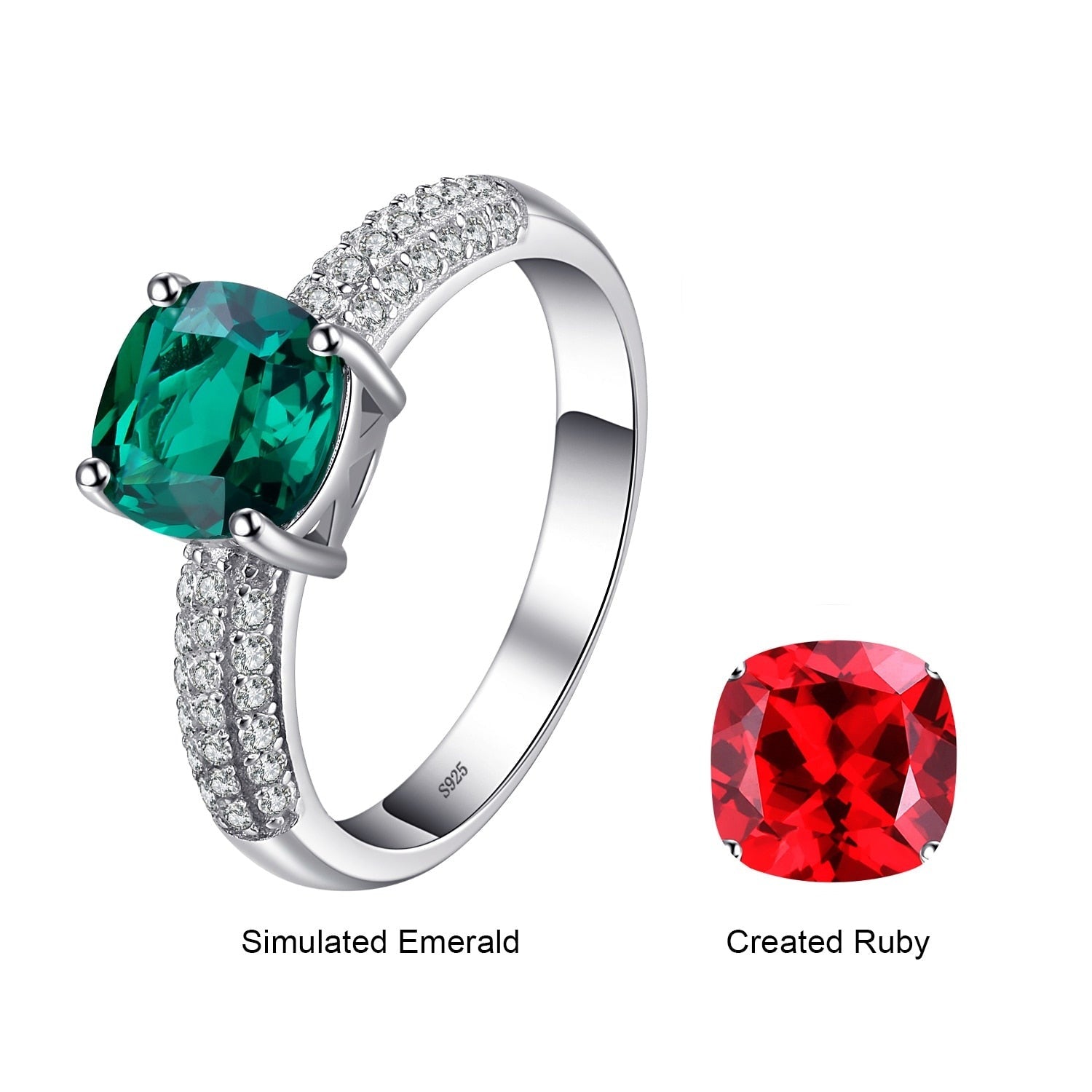 Simulated Nano Green Emerald or Red Ruby 925 Sterling Silver Women's Ring
