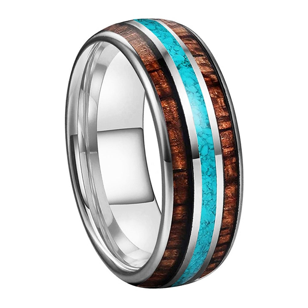 8mm Double Koa Wood & Turquoise Inlay Tungsten Unisex Ring