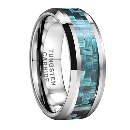 8mm Bluish Carbon Fibre Inlay Tungsten Unisex Ring