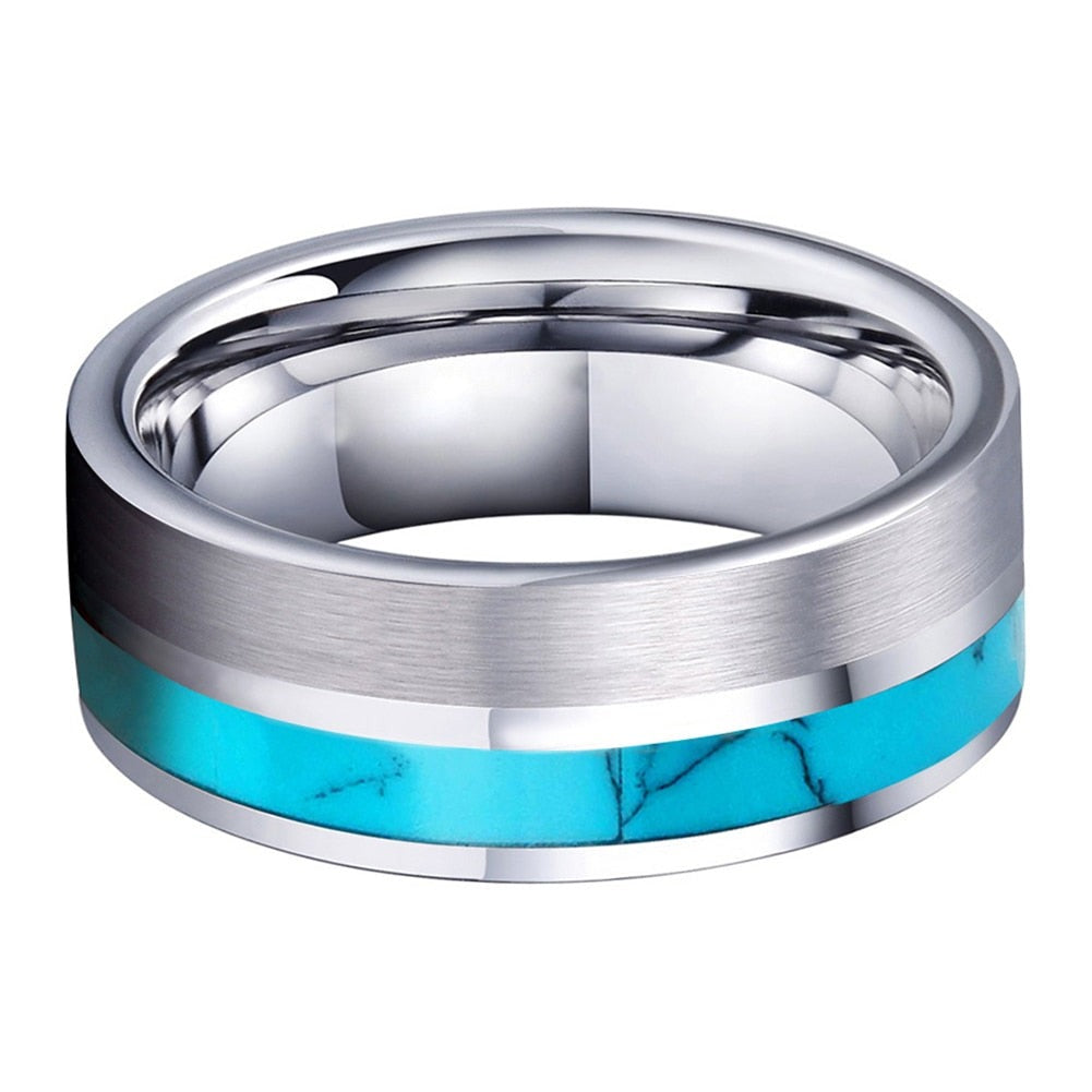 8mm Turquoise Inlay & Silver Tungsten Unisex Rings
