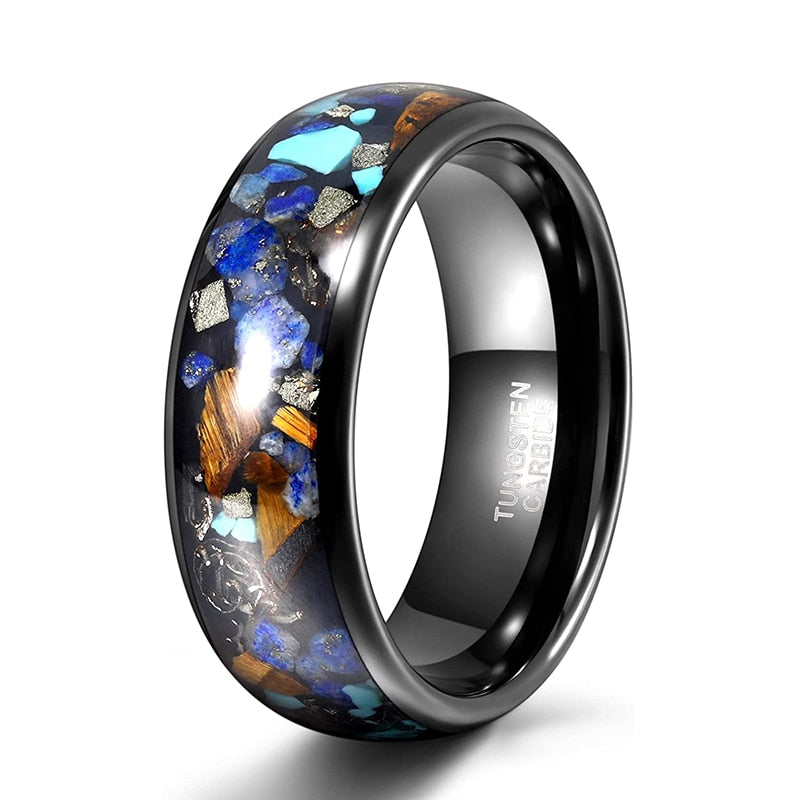 8mm Galaxy Imitation Opal, Natural Turquoise & Tiger Eye Stones Tungsten Men's Ring