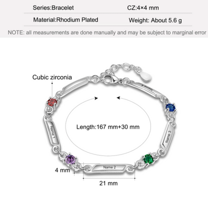 Personalized Small Bar Bracelet - 4 Engravings + 4 Birthstones