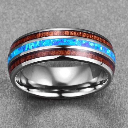 8mm Luxury Blue Opal & Koa Wood Polished Tungsten Unisex Ring