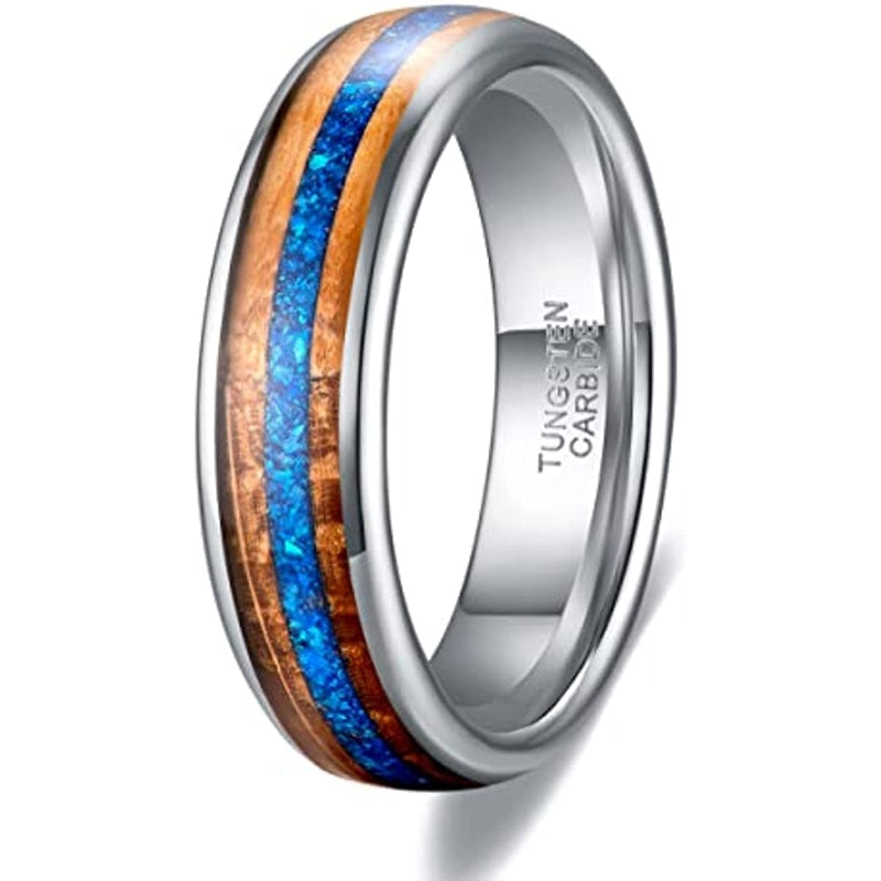 6mm Blue Opal & Whisky Barrel Wood Unisex Tungsten Rings