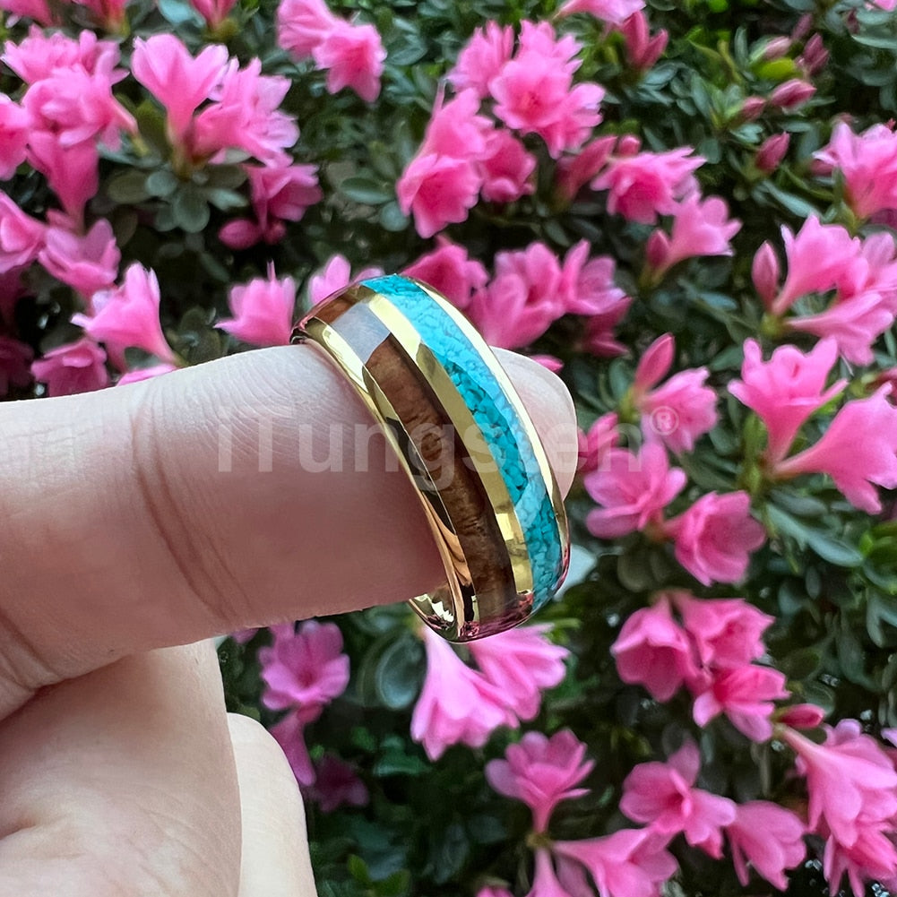 8mm Blue Turquoise & Koa Wood Inlay Tungsten Unisex Ring