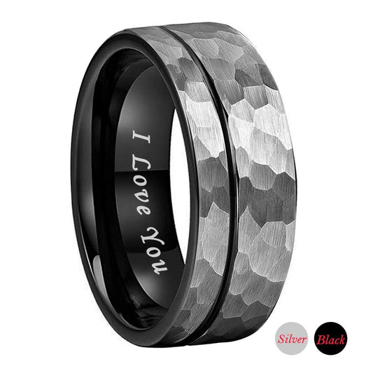 8mm I Love You Engraved Hammered Black & Silver Tungsten Men's Ring