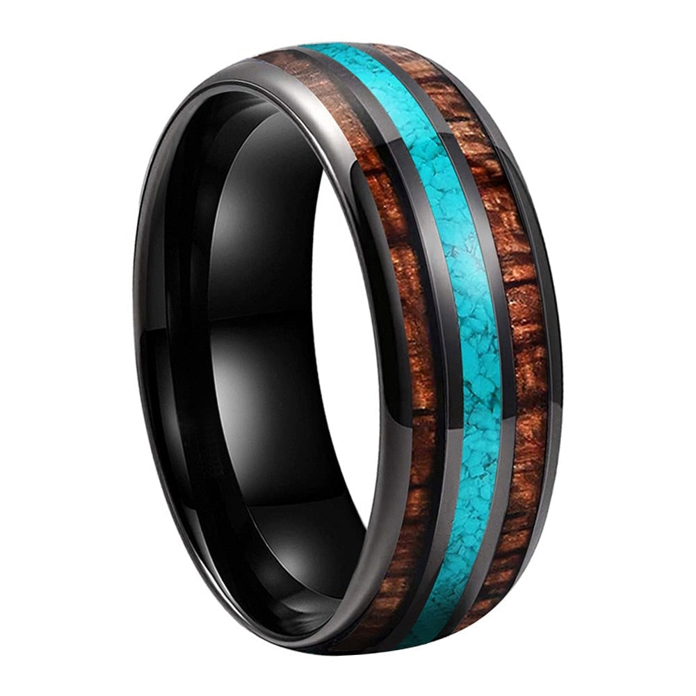 8mm Crushed Turquoise Koa Wood Inlay Black Tungsten Men's Ring