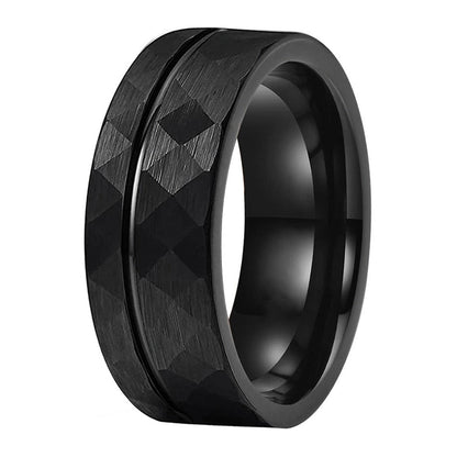 8mm Hammered Groove Inlay Black Tungsten Men's Ring