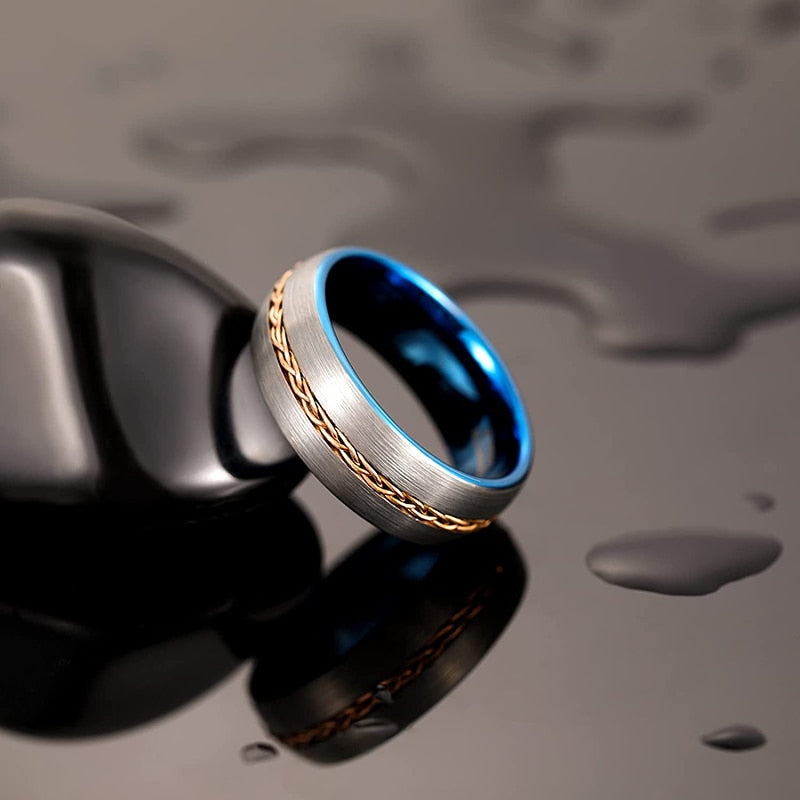 8mm Braided lnlay Blue & Silver Tungsten Mens Ring