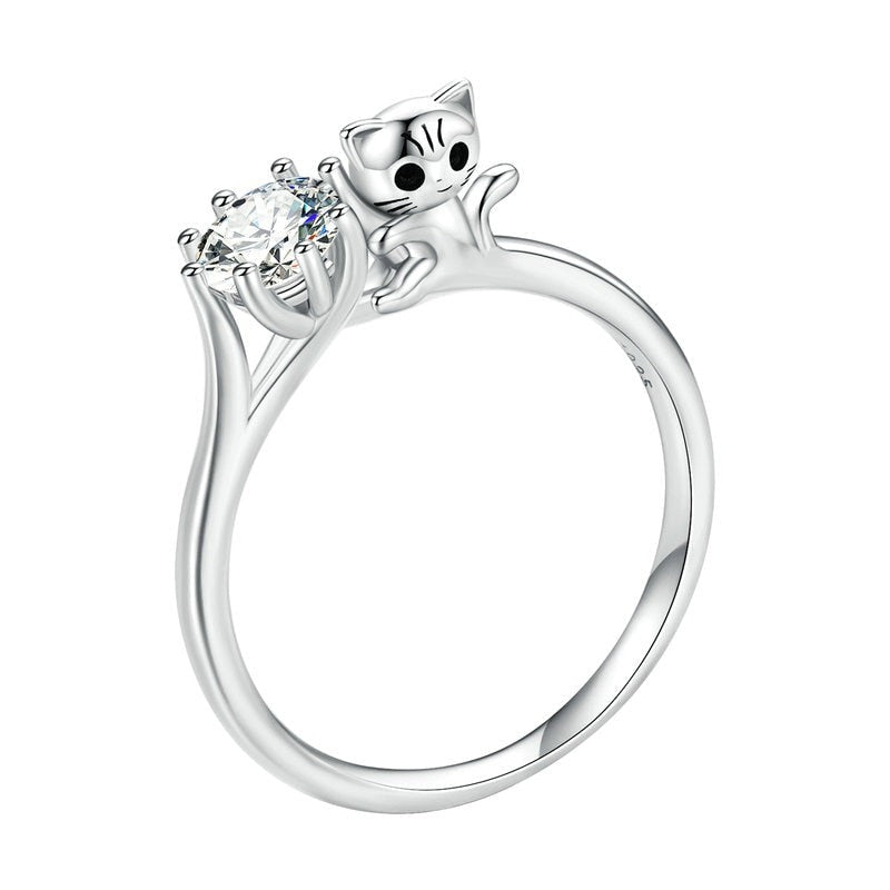 Cute Cat & Shiny Cubic Zirconia 925 Sterling Silver Women's Ring