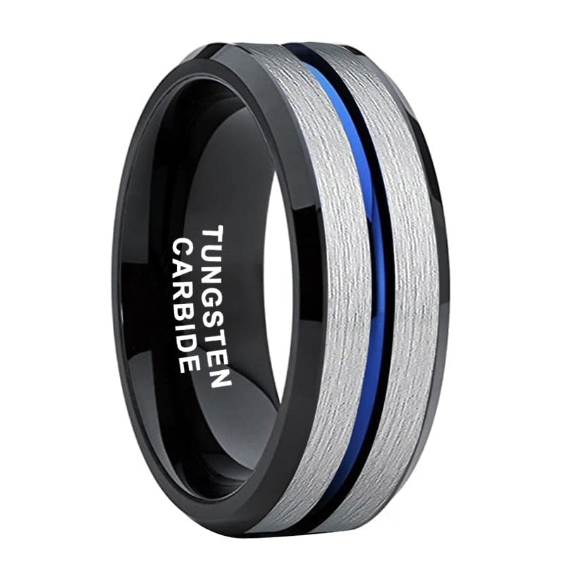 8mm Blue Groove, Silver Brushed & Black Tungsten Men's Ring