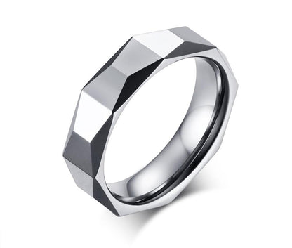5.5mm Unique Multi-Faceted Silver Tungsten Unisex Ring