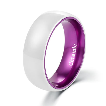 8mm White Ceramic & Purple Polished Anodised Aluminum Unisex Ring (5 Other Colors)