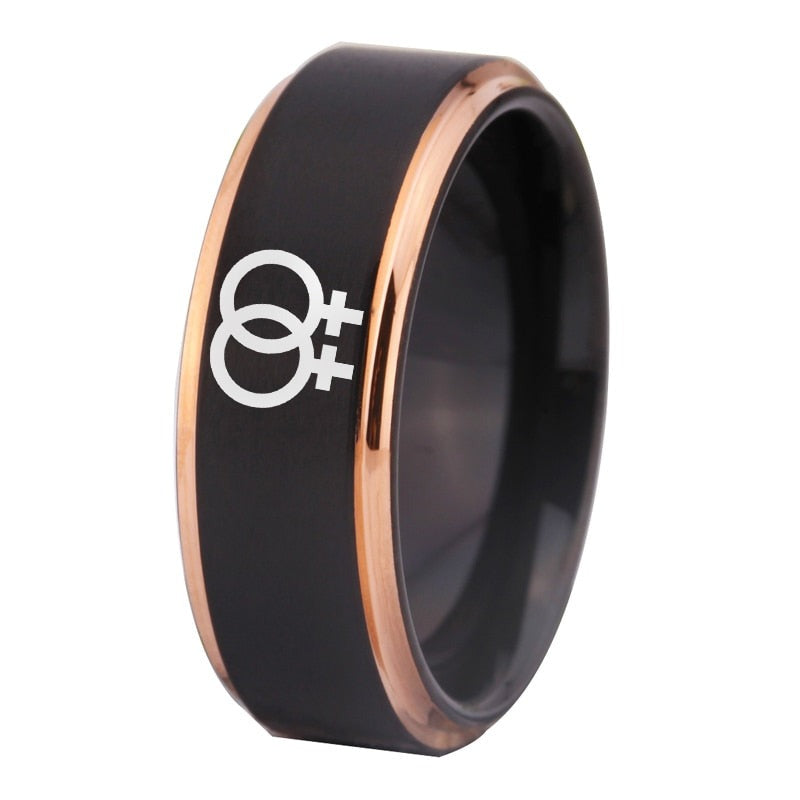 8mm Lesbian Symbol LGBT Black & Rose Gold Edge Tungsten Ring