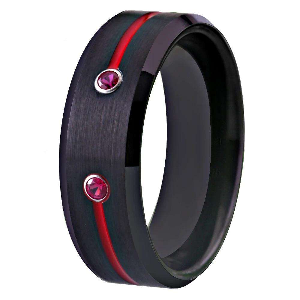 Black & Red Groove Cubic Zirconias Mens Tungsten Ring