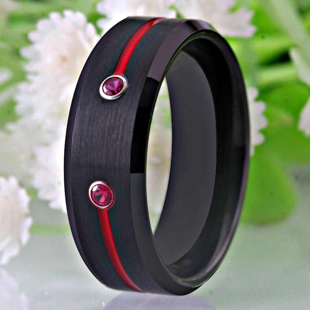 Black & Red Groove Cubic Zirconias Mens Tungsten Ring