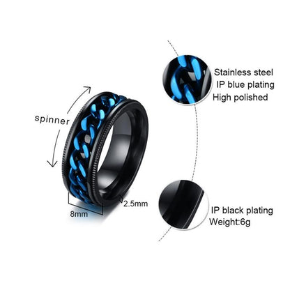 Blue Black Stainless Steel Rotatable Spinner Mens Ring
