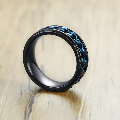 Blue Black Stainless Steel Rotatable Spinner Mens Ring