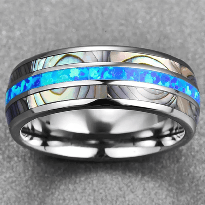 8mm Luxury Fire Opal & Abalone Shell Inlay Silver Tungsten Unisex Ring