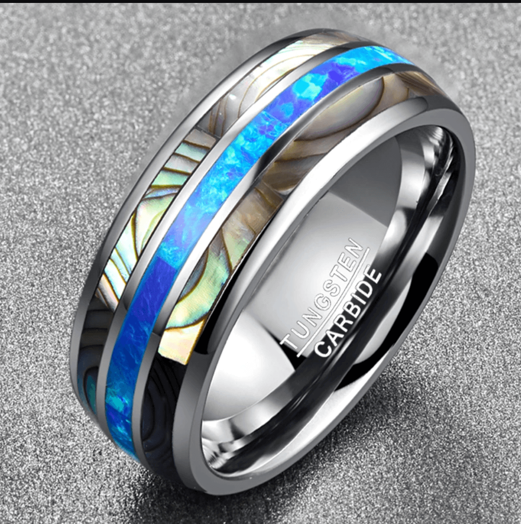 8mm Luxury Fire Opal & Abalone Shell Inlay Silver Tungsten Unisex Ring