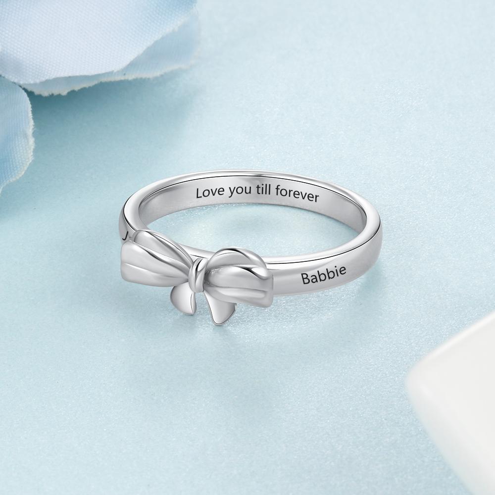 Bow Tie Silver Womens Ring - 3 Personalized Engravings