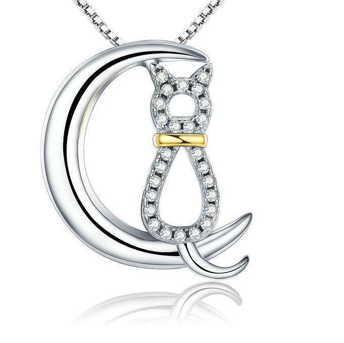 Cat On Moon 925 Sterling Silver Necklace