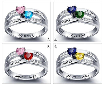 Couple Hearts 925 Sterling Silver Womens Ring - 2 Heart Birthstones & 3 Engravings