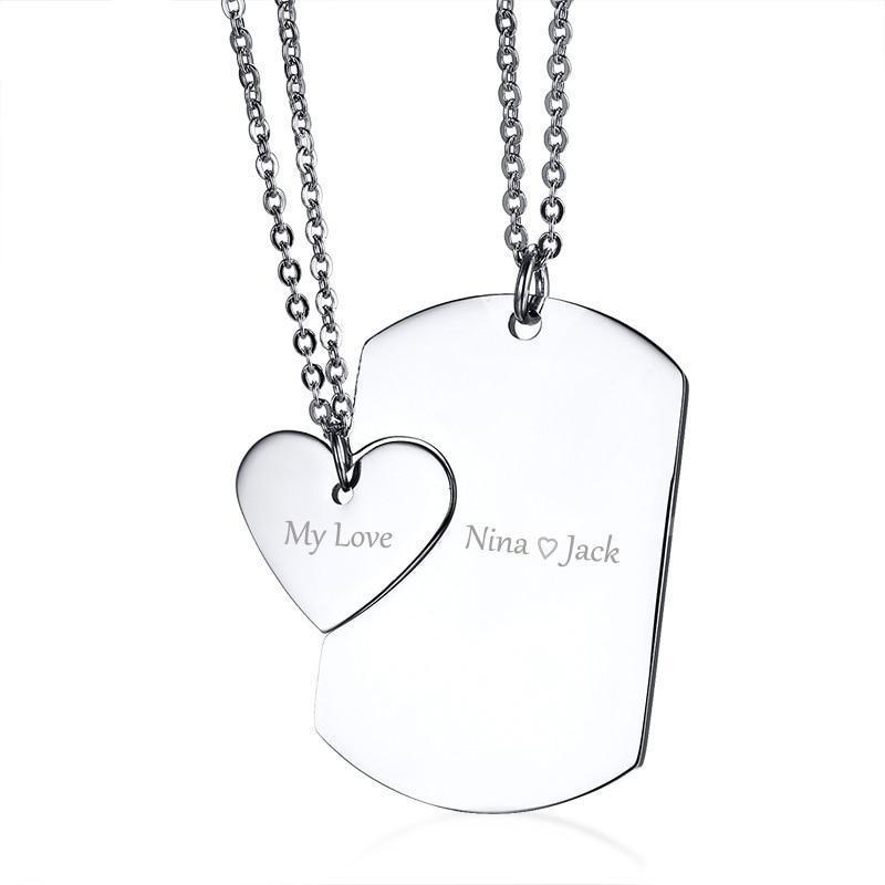 Custom Engraved Dog Tag and Heart Necklace Pendant (2pc/Set)