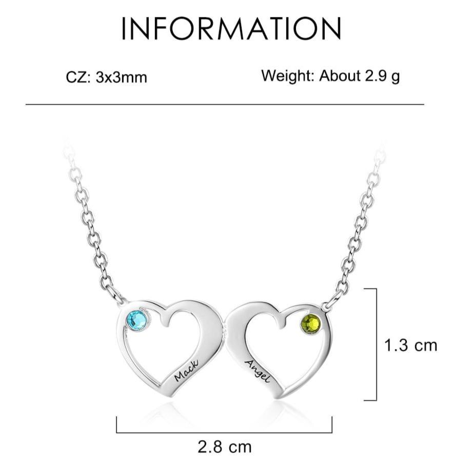 Double Heart Women's Necklace - 2 Birthstones + 2 Engravings