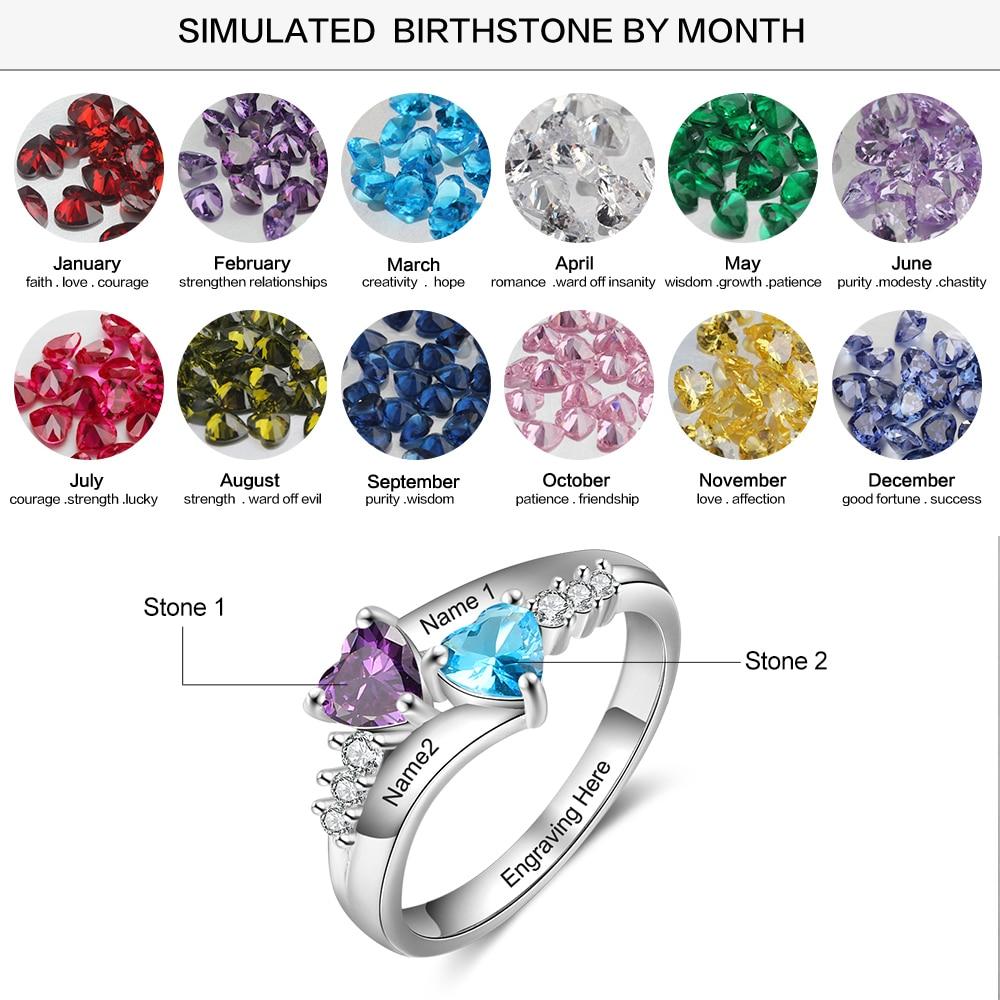 Personalized 925 Sterling Silver Womens Ring - 2 Birthstones + 3 Engravings