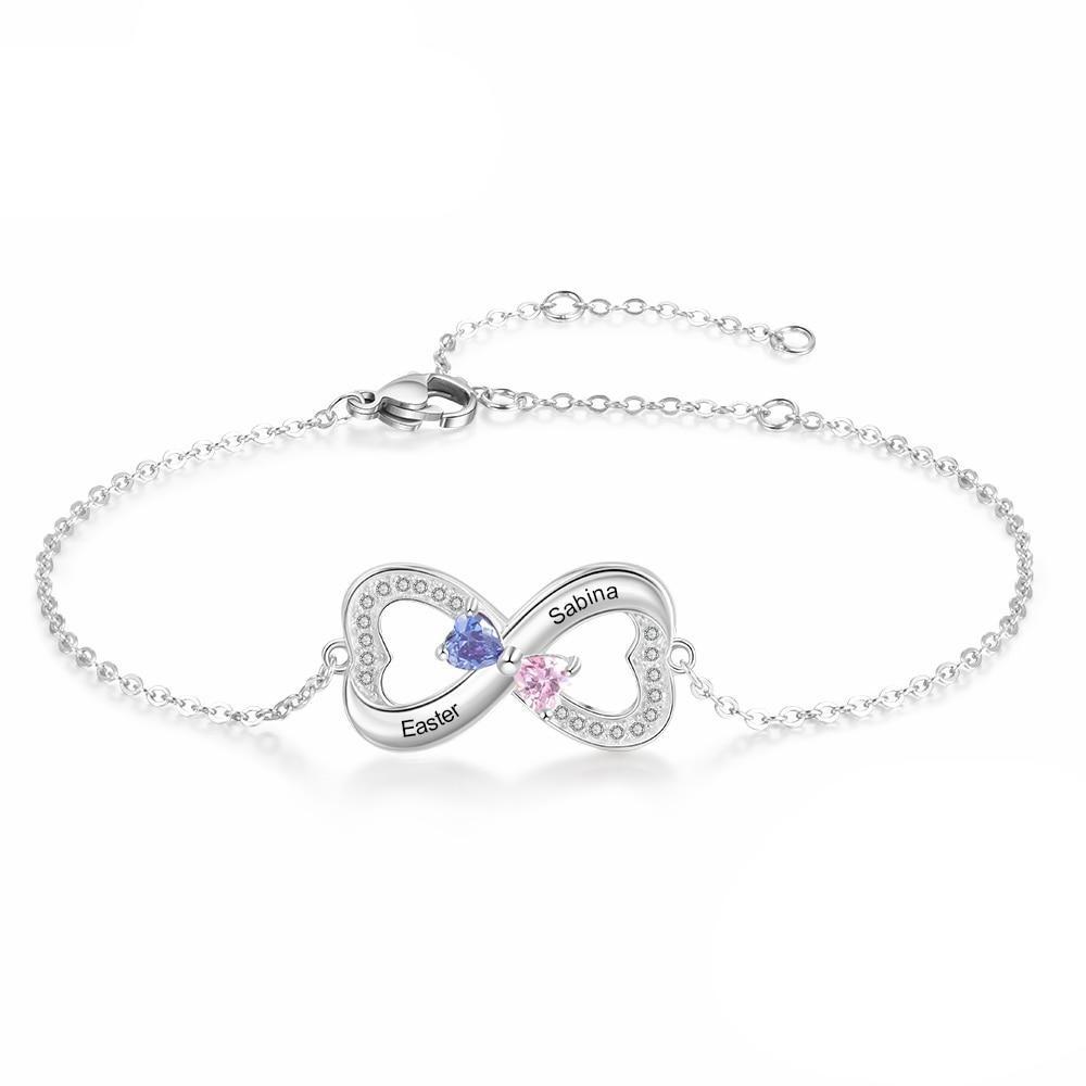 Heart Infinity 925 Sterling Silver Bracelet - 2 Birthstones + 2 Engravings