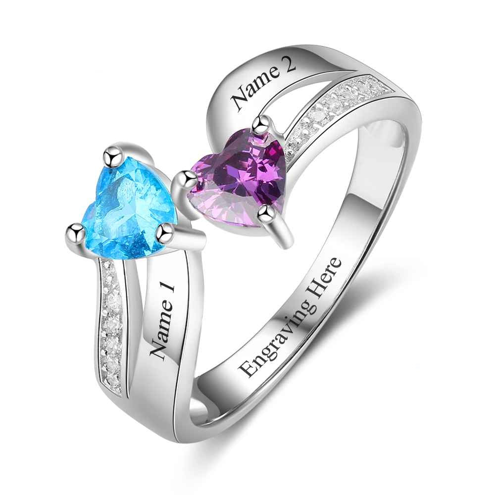 Twin Hearts Personalized Sterling Silver Women's Ring - 2 Birthstones & 3 Engravings