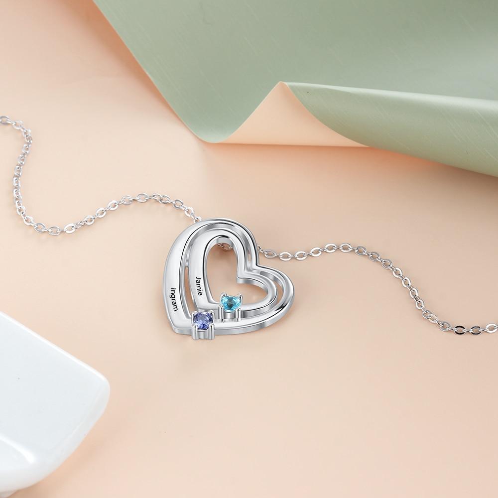 Hearts 925 Sterling Silver Women's Necklace - 2 Birthstones + 2 Engravings