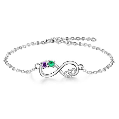 Hearts & Infinity Silver Personalized Birthstones Bracelet - 2 Birthstones