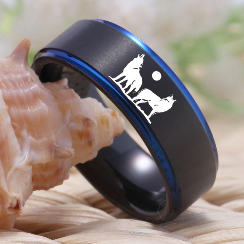 8mm Howling Wolf Tungsten Black & Blue Mens Ring