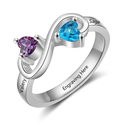 Infinity 925 Sterling Silver Womens ring - 2 Heart Birthstones & 3 Engravings