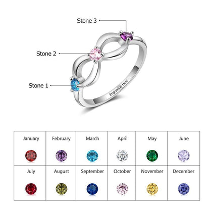 Infinity 925 Sterling Silver Womens Ring - 3 Birthstones & 1 Engraving