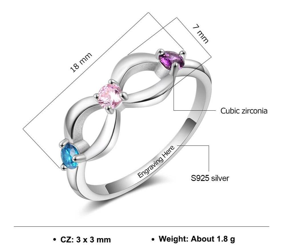 Infinity 925 Sterling Silver Womens Ring - 3 Birthstones & 1 Engraving