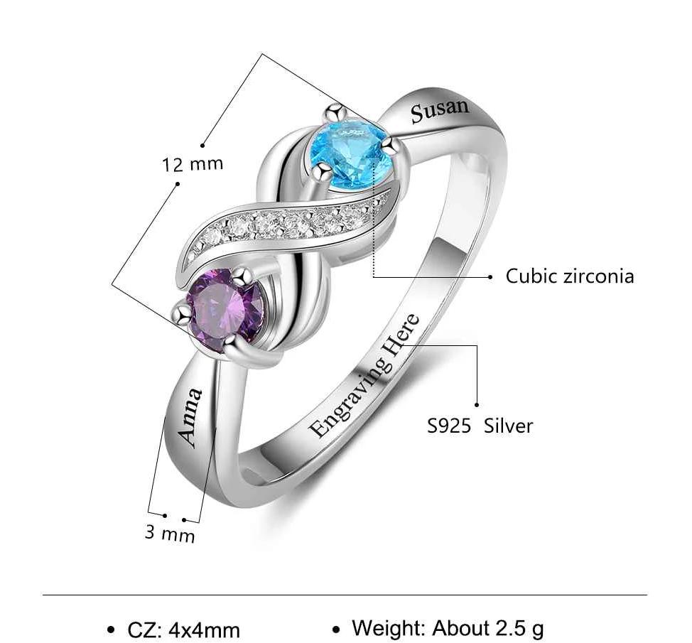 Infinity Knot 925 Sterling Silver Womens Ring - 2 Birthstones & 3 Engravings