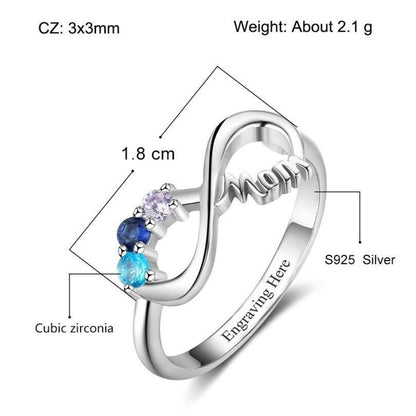 Mom Infinity 925 Sterling Silver Women's Ring - 3 Birthstones & 1 Engraving